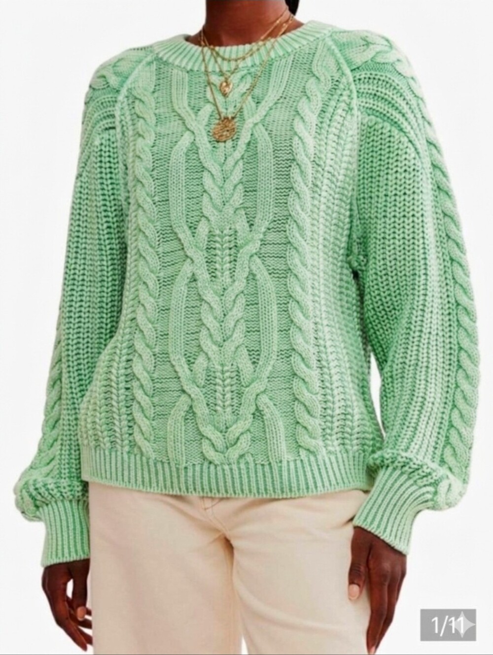 NWT Free People Frankie Cable Knit Cotton Crewneck Sweater XS Patina Green Lime